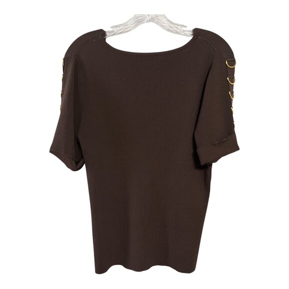 Cable & Gauge Women’s L Brown Ribbed Top – Gold D-Ring Sleeve Detail - Picture 3 of 3